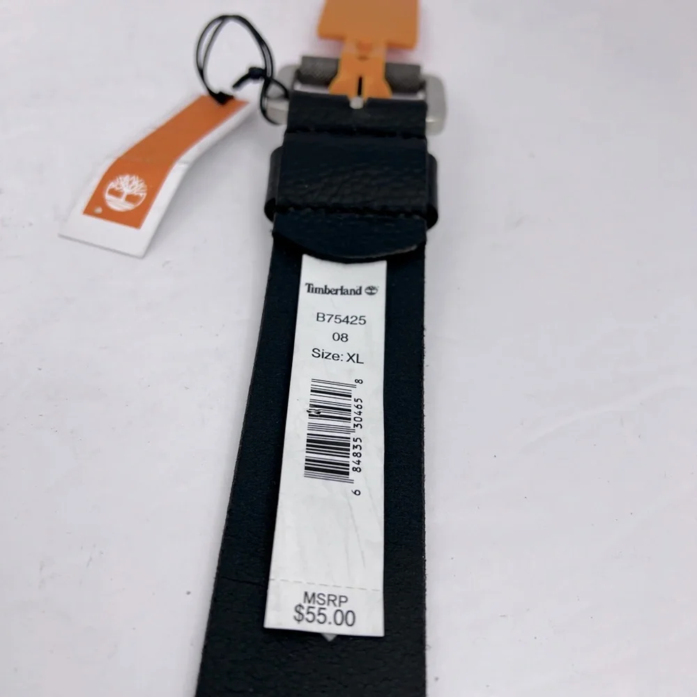 TIMBERLAND MEN’S BELT, BLACK COLOR, LEATHER WITH MAT SILVER BUCKLE,SIZE XL,42/44